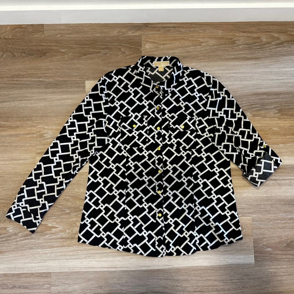 Michael Kors | Black and White Chain Print Blouse size XL - Picture 10 of 12